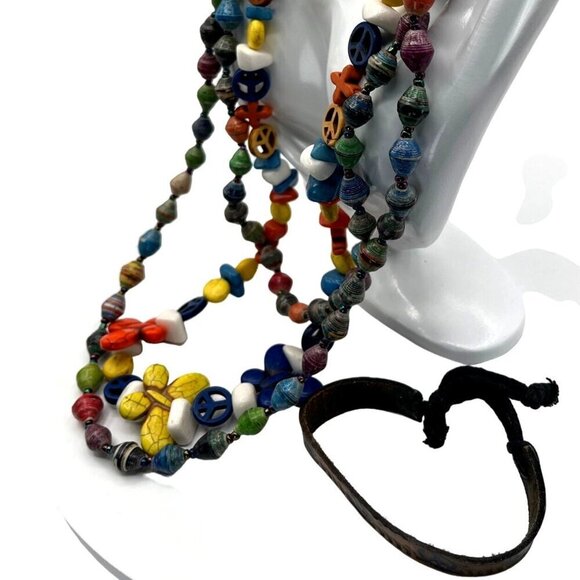 Bohemian Multi-Color Beaded Necklace & Peace Leather Bracelet Set - Picture 3 of 7